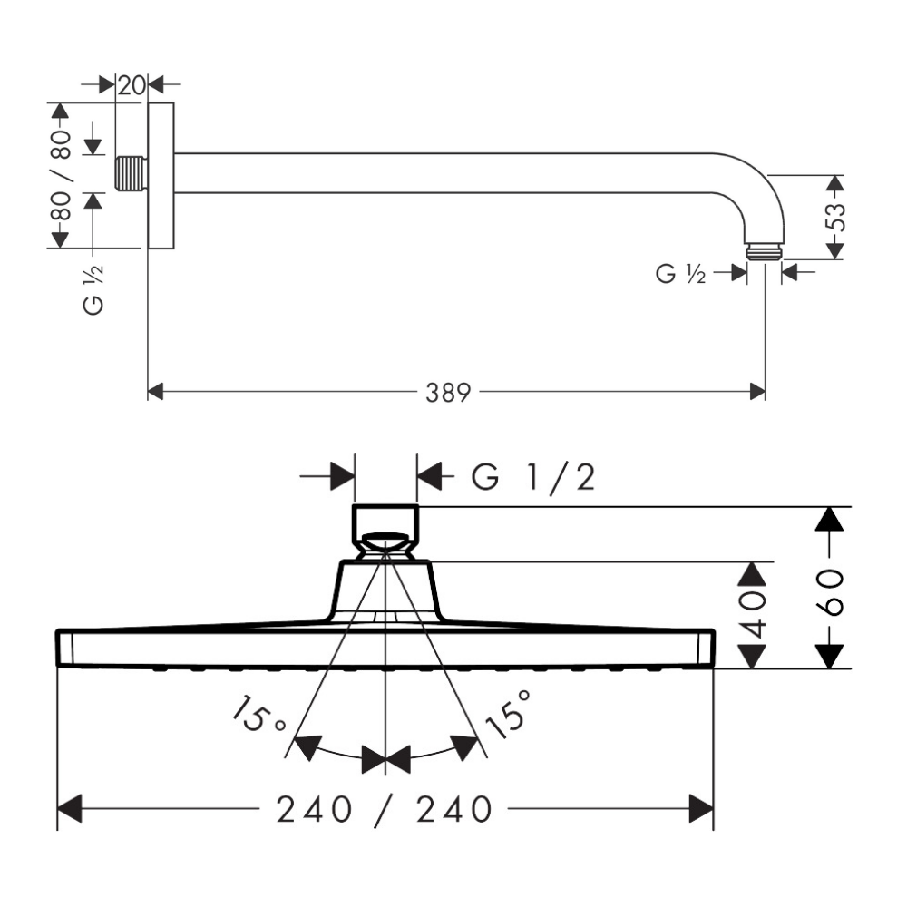 Schema douche de tête pack de douche encastrée avec mitigeur thermostatique HANSGROHE Ecostat Square chromé