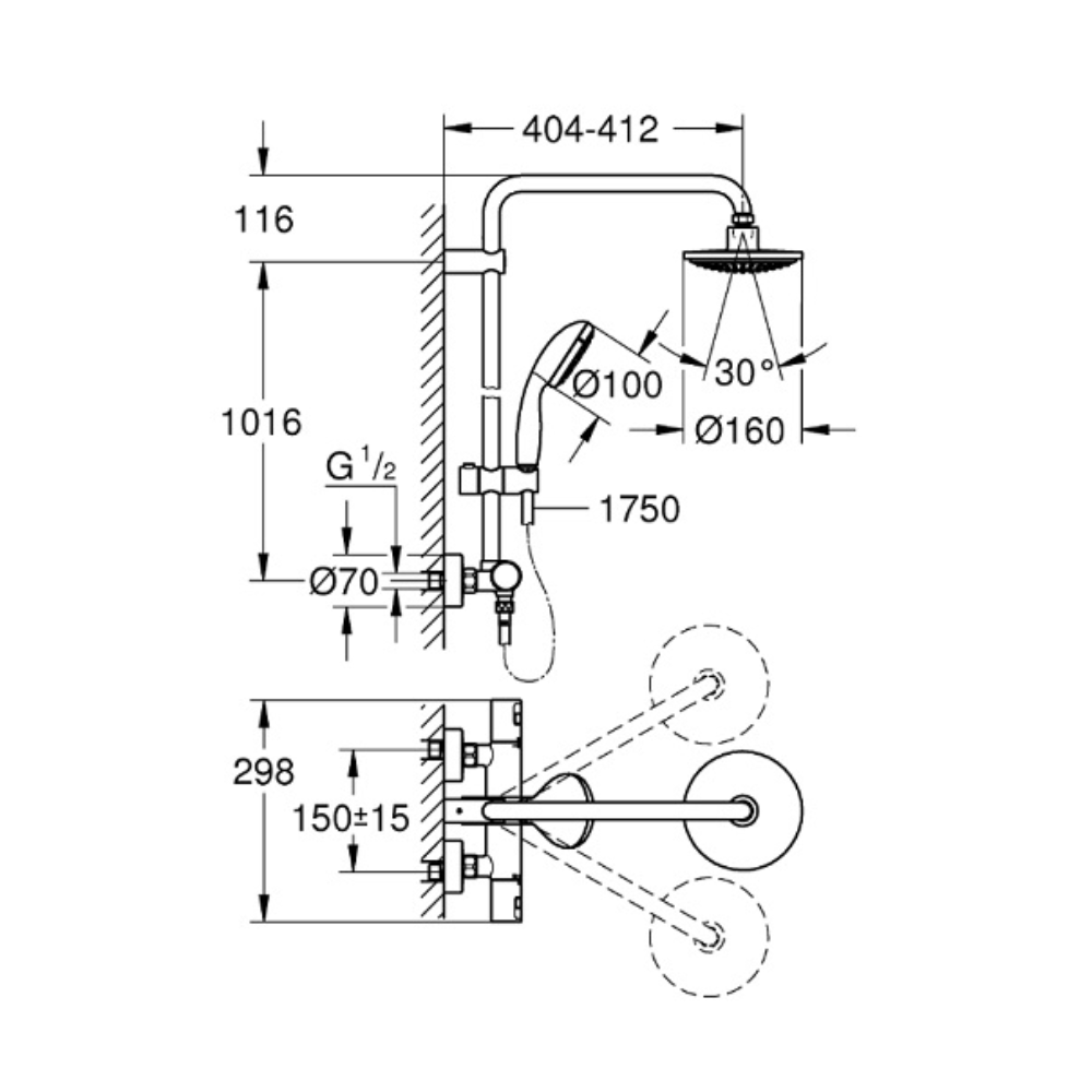 Le schéma technique de la Colonne de douche Grohe Vitalio Start System 160