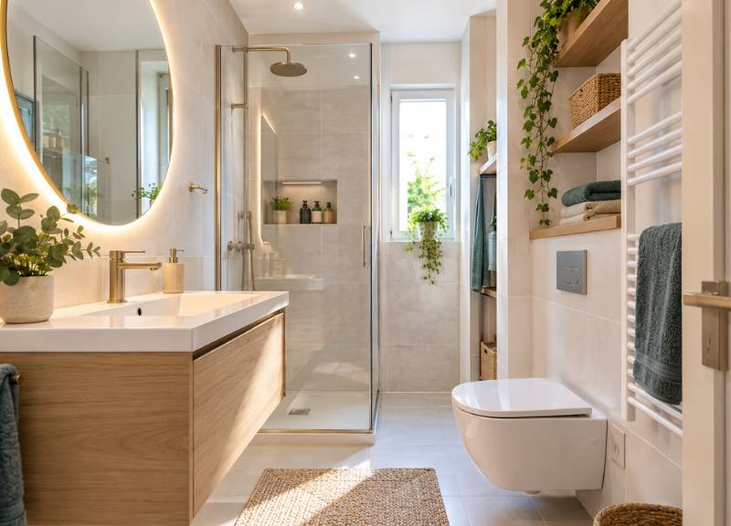 Aménagement d’une petite salle de bain avec douche, meuble suspendu et WC
