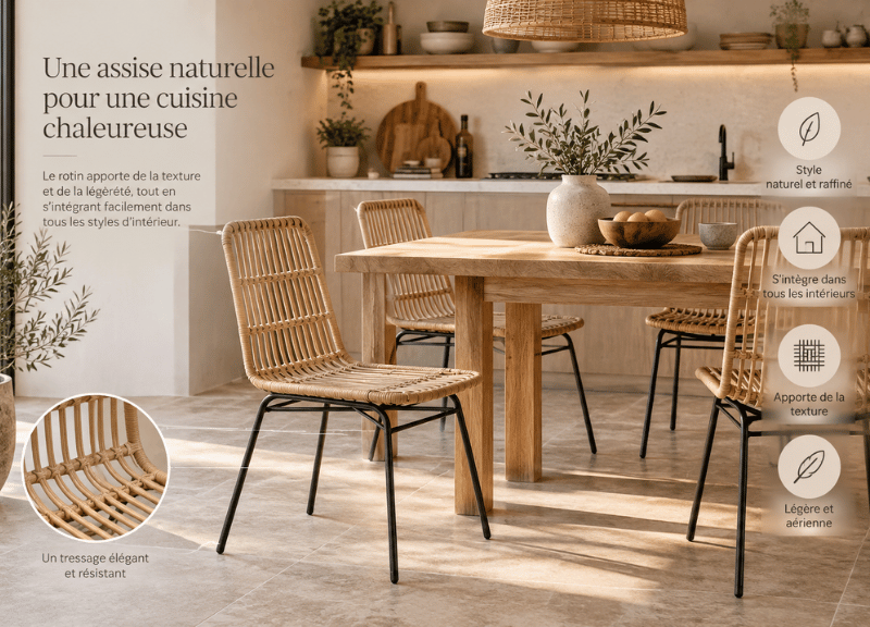 chaise en rotin naturel dans cuisine éupée
