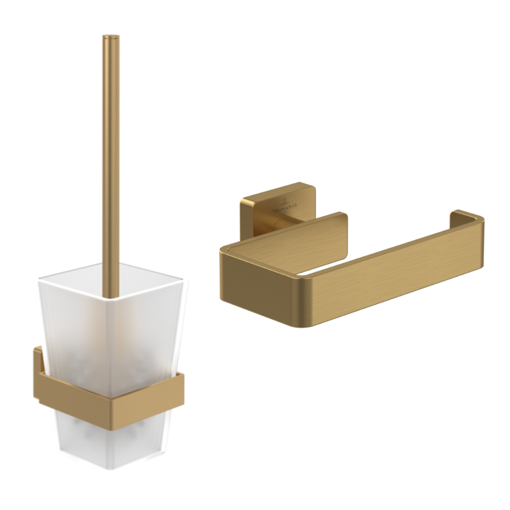 Dérouleur de papier toilette sans couvercle + Ensemble brosse WC VILLEROY ET BOCH Striking Chrome Gold brossé