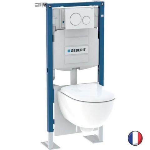 WC suspendu sans bride compact GEBERIT Renova Duofix + bâti support + plaque de déclenchement