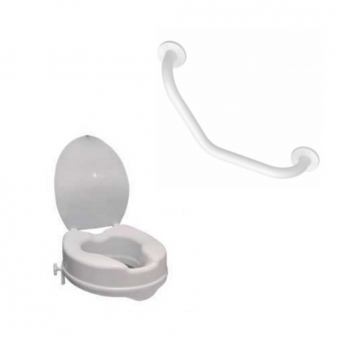 Réhausse WC PMR PELLET plastique blanc avec abattant 10 cm + Barre de maintien coudée PMR PELLET Essentiel 