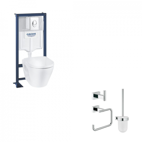 Pack WC suspendu sans bride Grohe céramique Solido + Accessoires salle de bain haut de gamme Grohe Essentials Cube