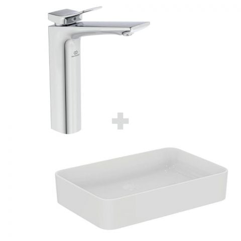 Lot Vasque à poser rectangulaire Idéal Standard Conca 60 cm blanche + Mitigeur lavabo réhaussé Conca couleur