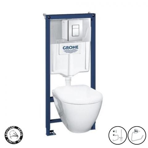WC suspendu compact SEREL + bâti support GROHE + abattant + plaque