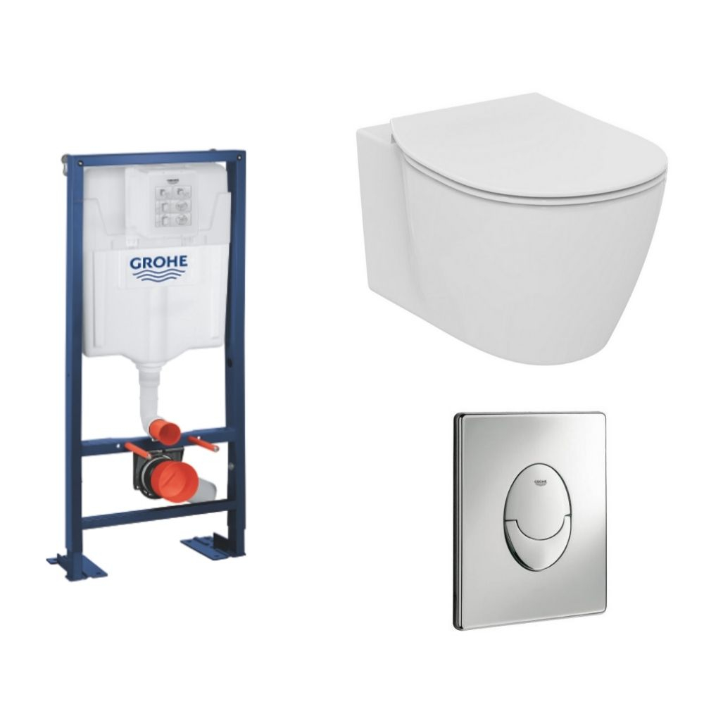 Pack WC suspendu compact Ideal Standard Connect space + abattant + plaque + bâti Grohe