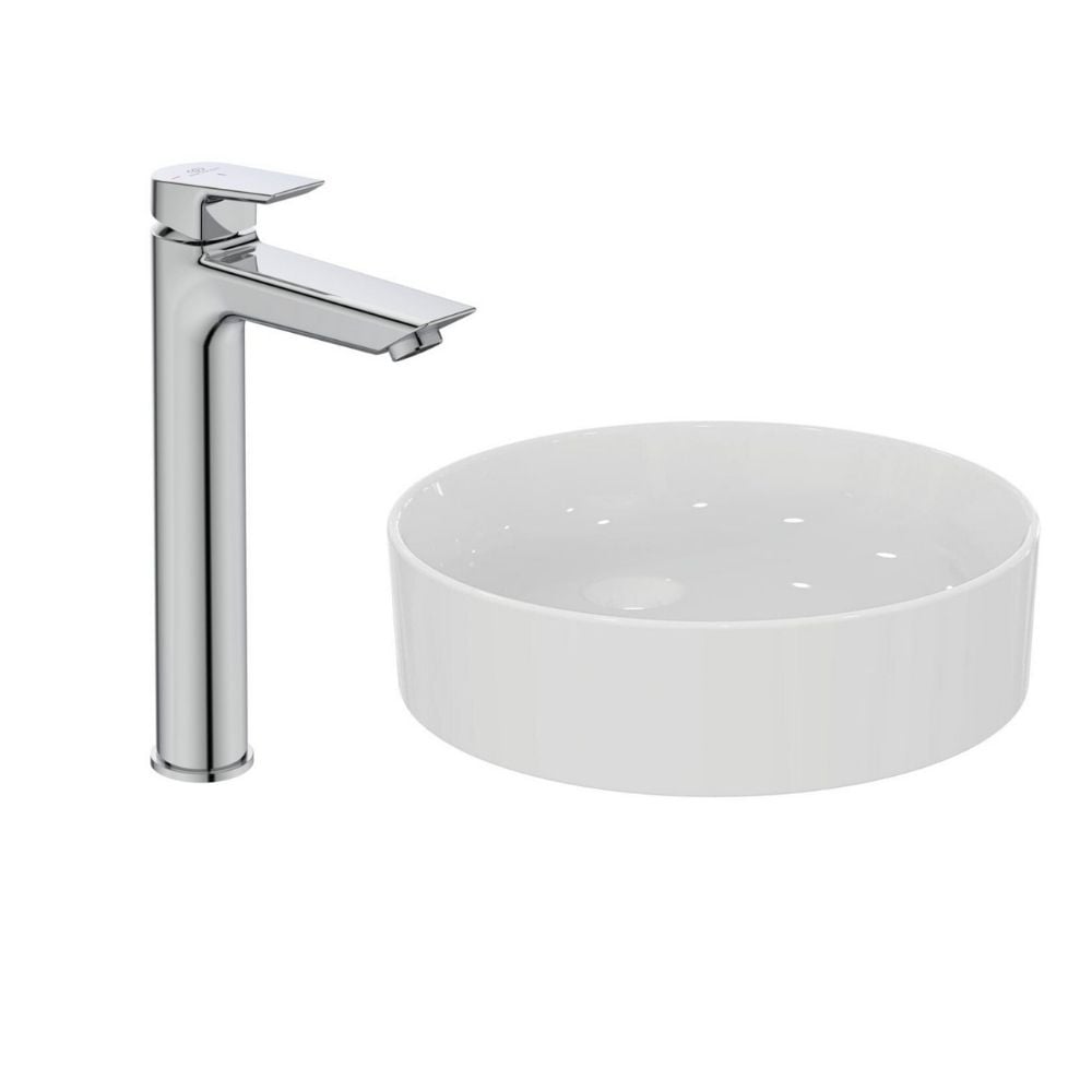 Pack Vasque à poser ronde Idéal Standard Conca 45 cm blanche + Mitigeur lavabo réhaussé Tesi chrome